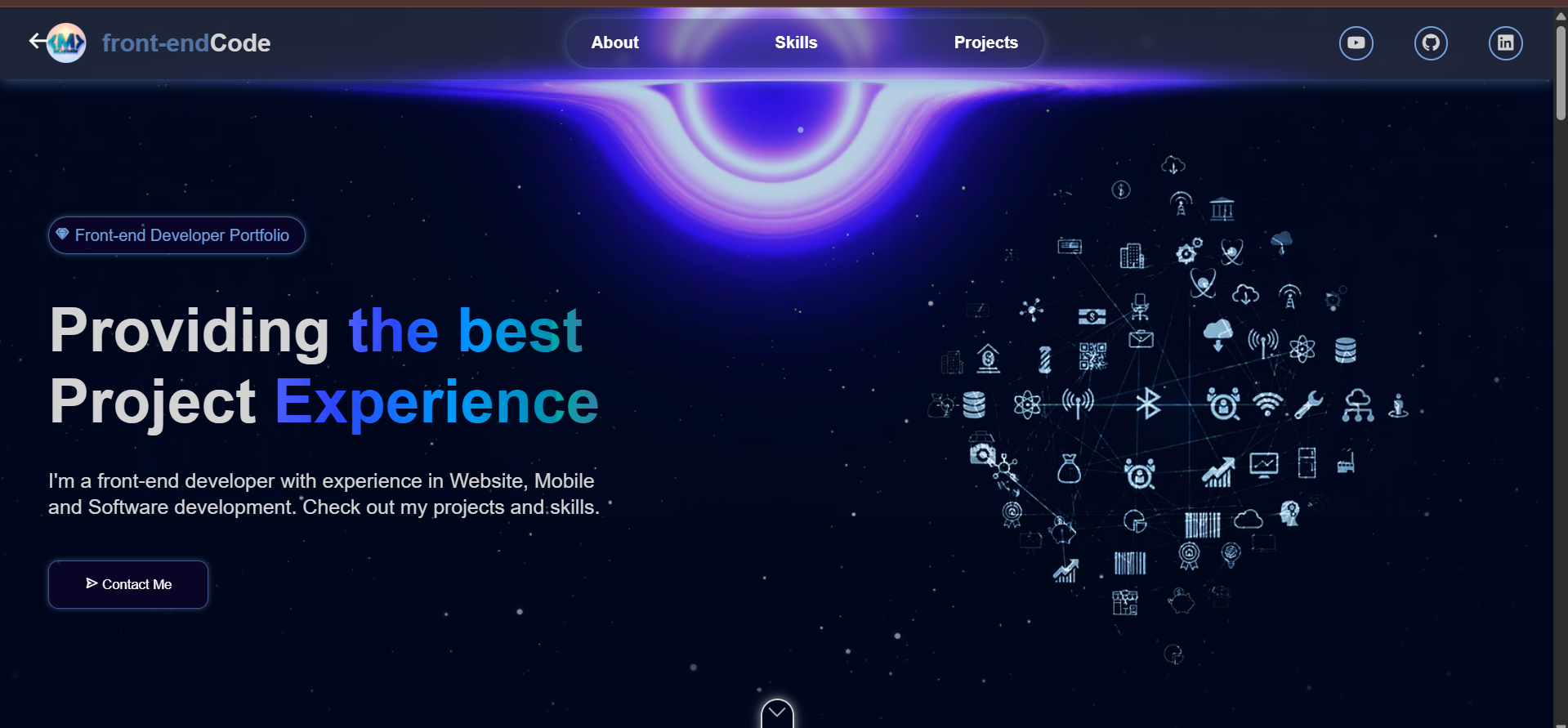 Minimal developer portfolio with a dark theme showing code snippets and project cards