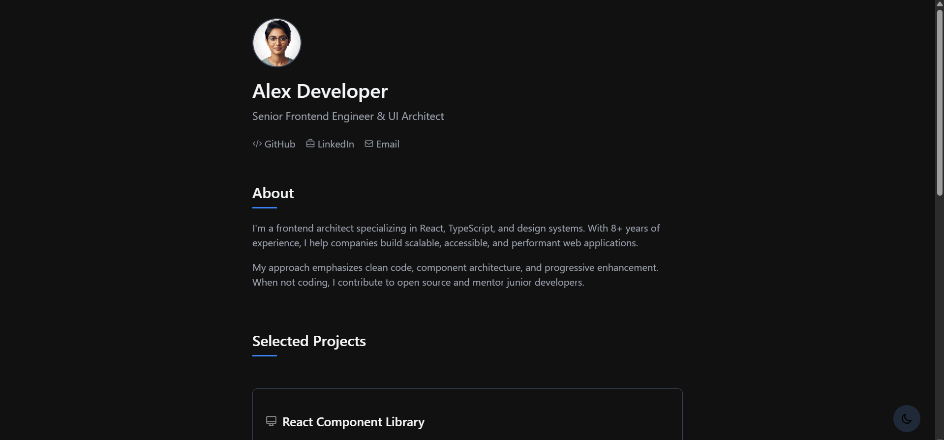 Ultra-minimal developer portfolio with typography focus and simple layout