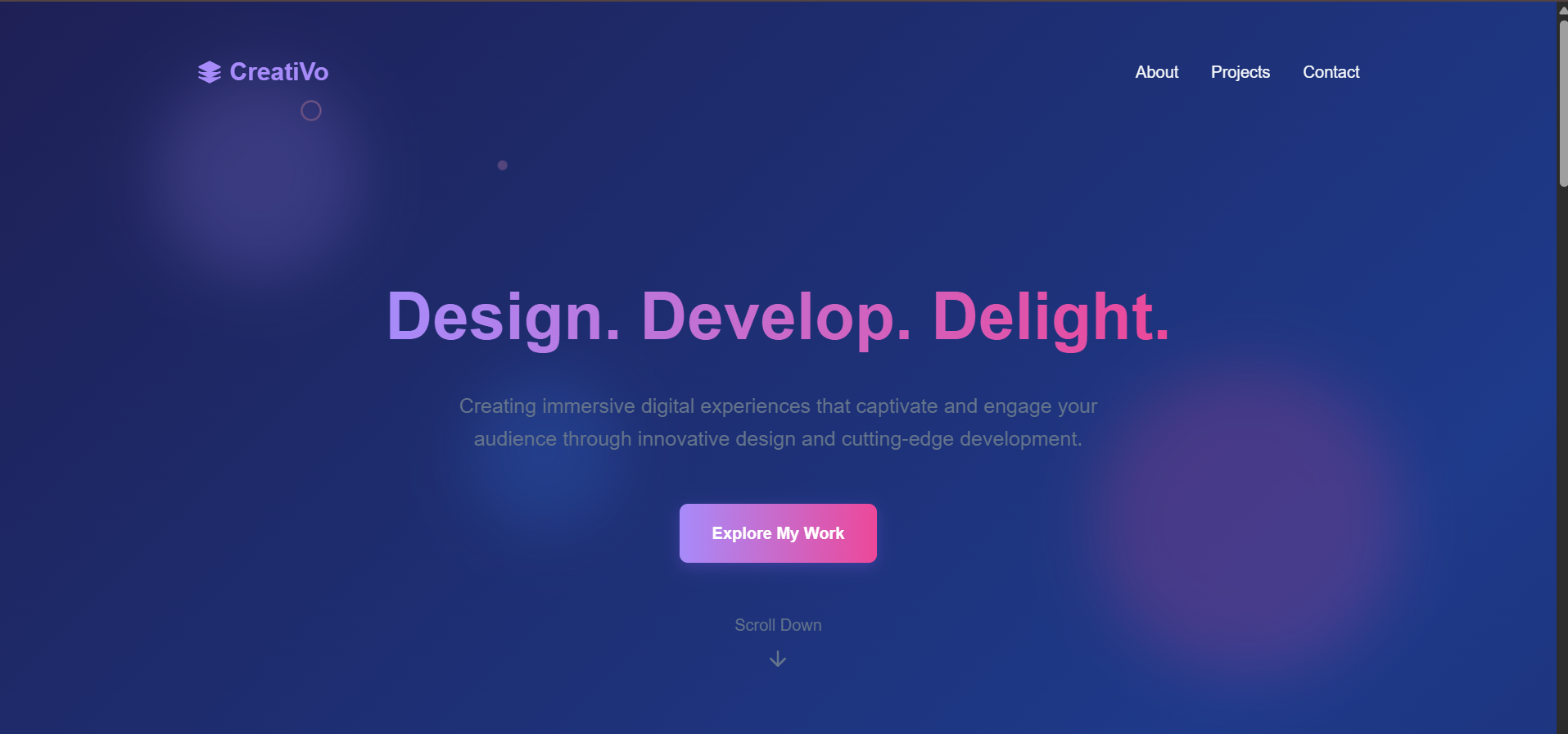 Interactive designer portfolio with animated elements and creative transitions